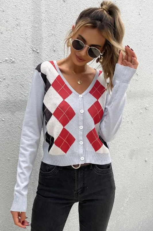 COLOR PATTERNED BUTTON DOWN COZY CARDIGAN Embroidered Appliqued Beaded