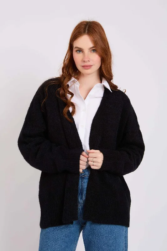 Women Short Loose Cardigan Black Cable Knit Ribbed Knit Lace Knit