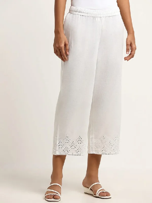 Utsa White Mid-Rise Mirror Embroidered Blended Linen Pants Trendy Work Pants