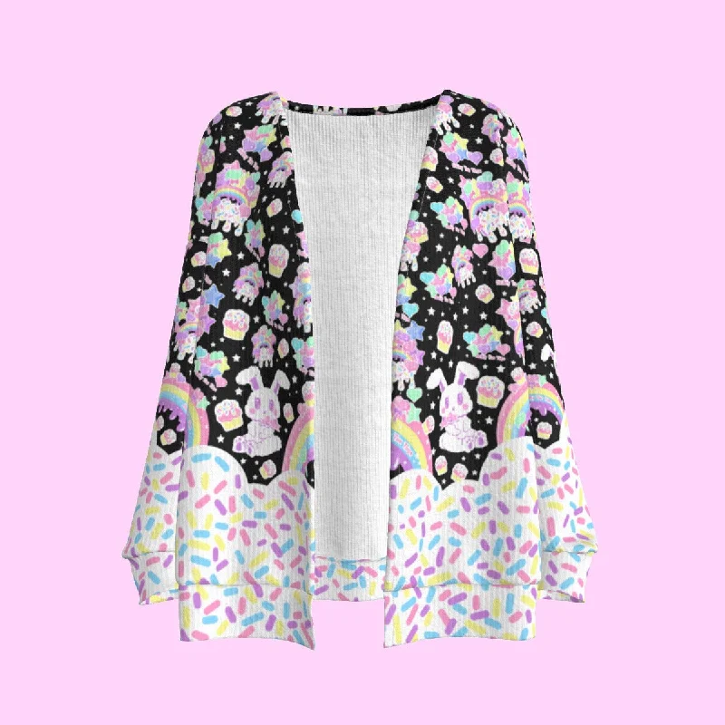 Rainbow Sweets Black Open Front Cardigan Solid Color Striped Floral Print