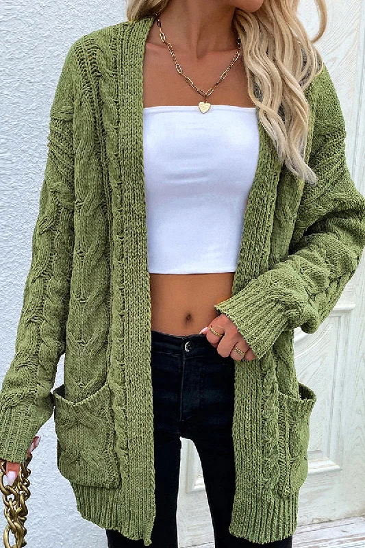 CABLE KNIT OPEN FRONT CASUAL CARDIGAN Notch Collar Peter Pan Collar Cowl Neck