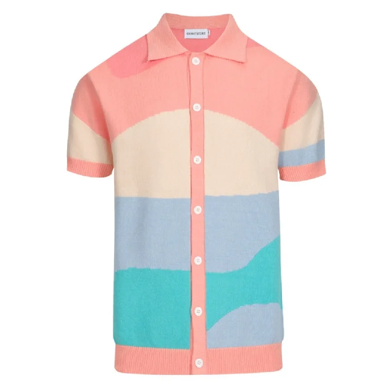 Men's wavy knit short sleeve cardigan Collared Crew Neck Turtle Neck