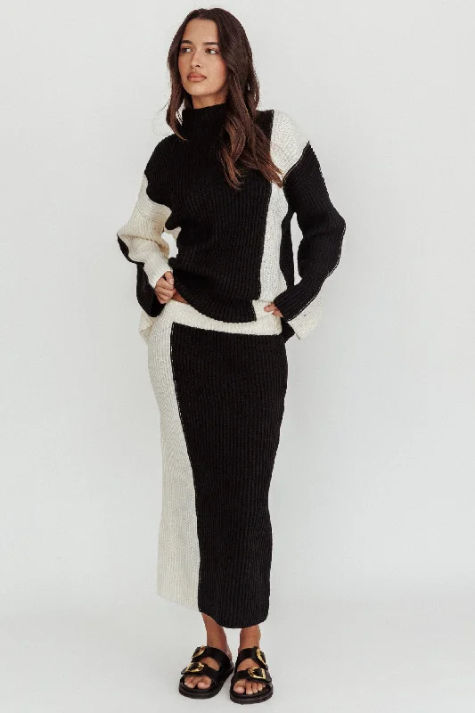 Eos Ribbed Knit Midi Skirt Black Cream lace skirt intricate
