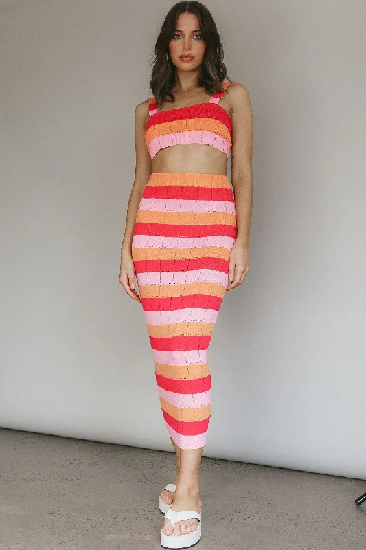 Chase The Sunrise Knit Maxi Skirt Striped Pink velvet skirt luxury