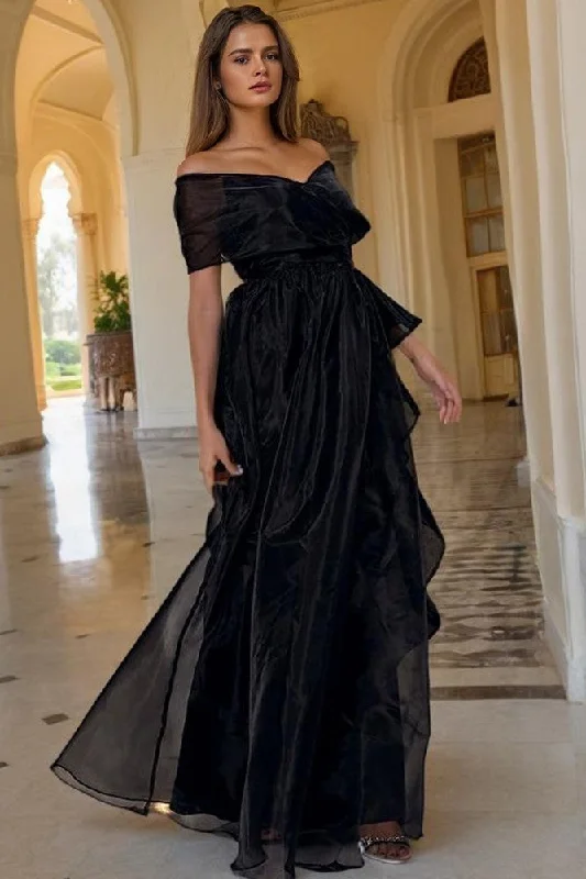 A Line Black Organza Off The Shoulder Long Party Dress Tunics Versatile functional