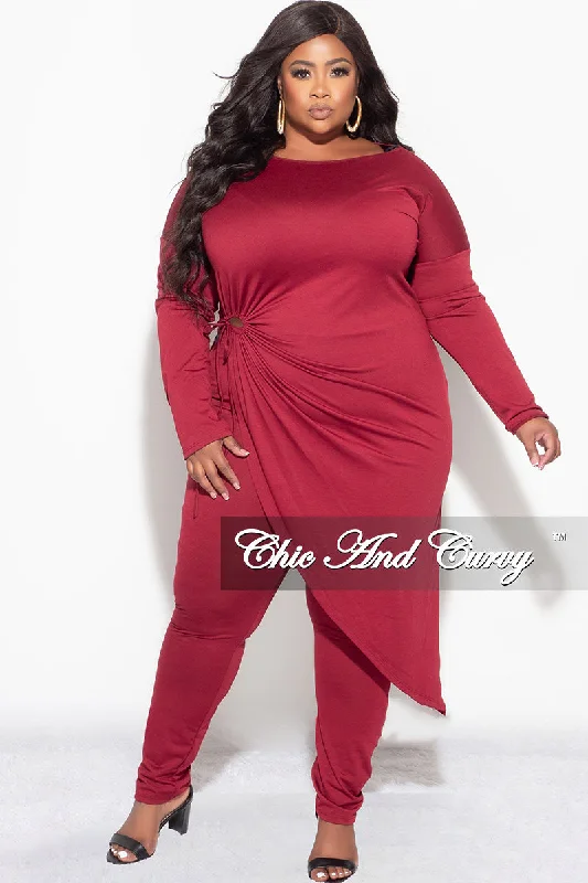 Final Sale Plus Size 2pc High-Low Top and Pants in Burgundy Comfortable Jogging Pants