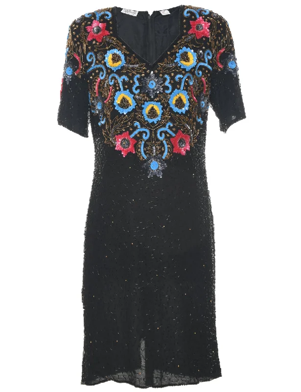 Silk Black Party Dress - XL Shift Classic Vintage