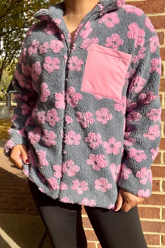 DLH14445 Flower Sherpa full-zip jacket w/pocket Front Pockets Side Pockets Patch Pockets DLH14445 Flower Sherpa full-zip jacket w/pocket Front Pockets Side Pockets Patch Pockets