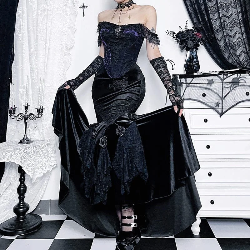 Women's Gothic Black Rose Embroidered Fishtail Maxi Skirt leather skirt sleek