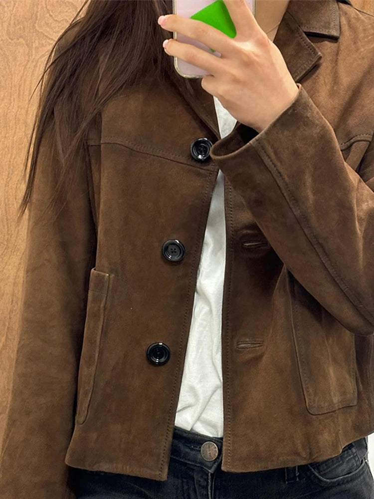 Retro Brown Short Women's Jacket Turndown Collar Single Breasted Long Sleeve Jackets Fashion Casual Loose New Autumn Coat Jacket Blazer Coat Retro Brown Short Women's Jacket Turndown Collar Single Breasted Long Sleeve Jackets Fashion Casual Loose New Autumn Coat Jacket Blazer Coat