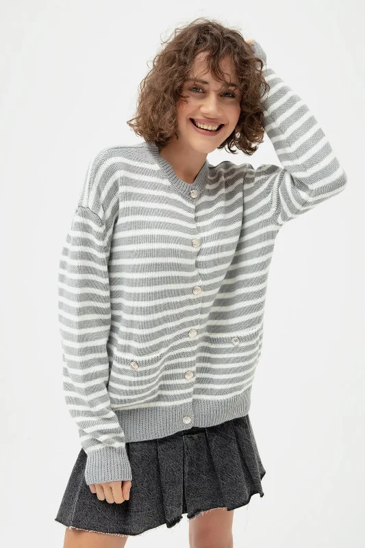 Female Gold Button Striped Knitwear Cardigan Anti-Pilling Anti-Shrink Durable