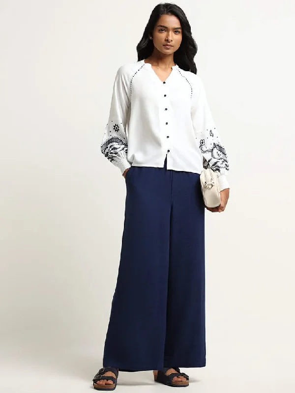 LOV Navy Solid Blended Linen Wide-Leg Pants Classic Straight-Leg Pants