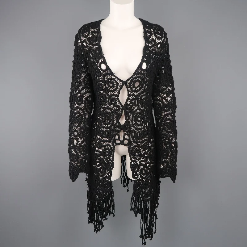 MATSUDA Size M Black Wool Crochet Fringe Cardigan Terry Terry Cloth Terry Knit