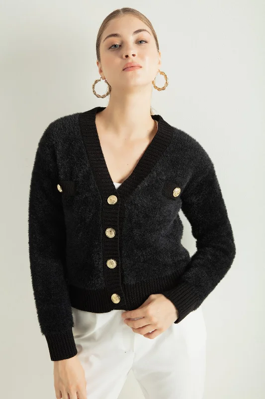 Woman Bearded Gold Button Knitwear Cardigan Toggled Drawstring Belted