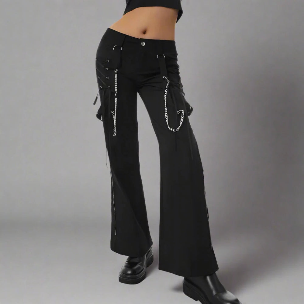 Punk Low-Waist Black Pants with Tie-Up Sides and Chains Chic Wool Trousers