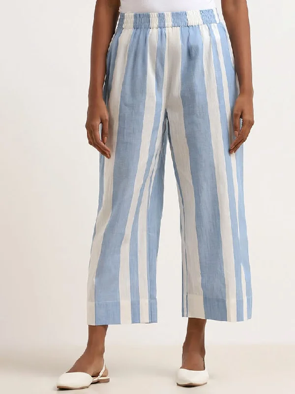 Utsa Blue Striped Cotton Straight-Fit Pants Elegant High-Waist Pants