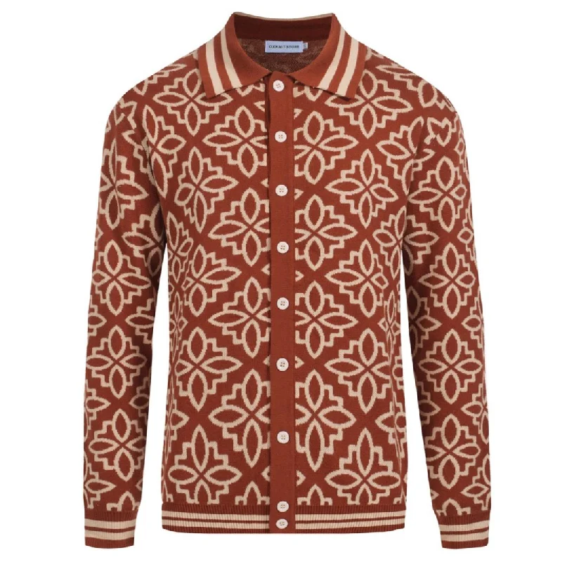 Men's Retro Floral Knit Cardigan – Bold 70s Pattern Long-Sleeve Shirt Seamless Knitted Crochet