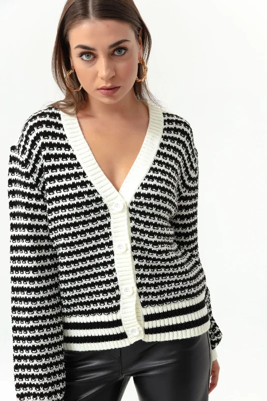 Female Striped Button Detailed Overwhelm Knitwear Cardigan Soft Cozy Warm