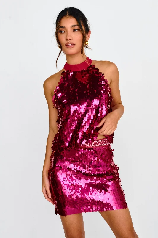 She's So LA Sequin Mini Skirt Hot Pink zip skirt side