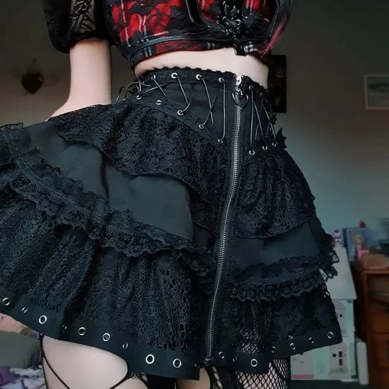 Women's Gothic Strappy Lace Splice Skirt leather skirt modern
