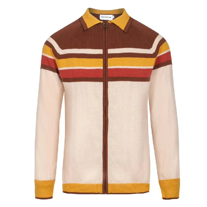 Men's brown vintage knit zipper cardigan top Notch Collar Peter Pan Collar Cowl Neck