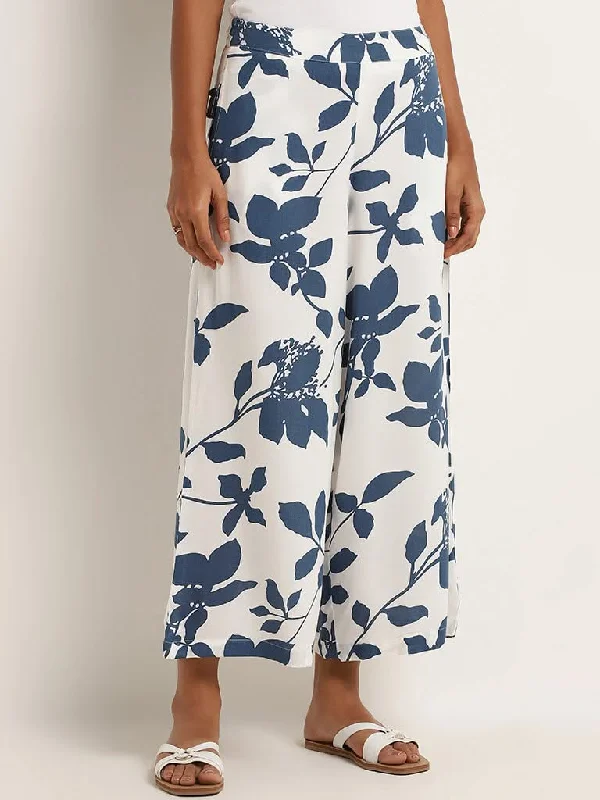 Utsa Blue Floral Mid Rise Pants Trendy High-Waist Trousers