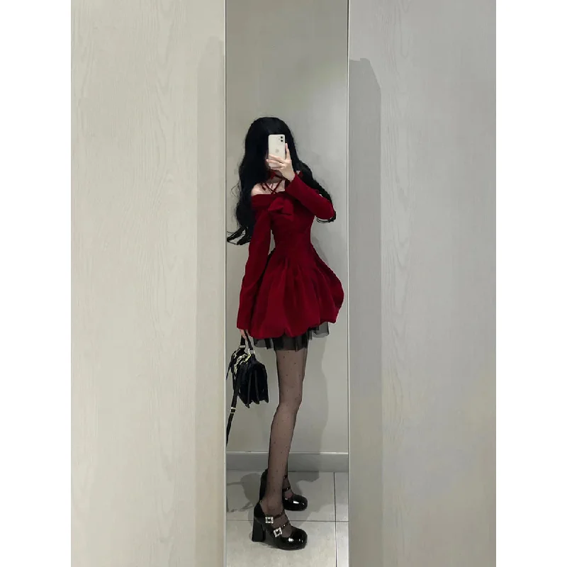 Cinessd Chic Ball Gown Long Sleeves Red Velvet Party Dress Birthday Dresses Birthday Outfits SD1227 Off-the-shoulder Chic Trendy Cinessd Chic Ball Gown Long Sleeves Red Velvet Party Dress Birthday Dresses Birthday Outfits SD1227 Off-the-shoulder Chic Trendy