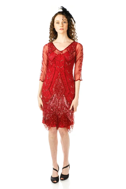 1920s Deco Fringe Party Dress in Red Tunics Lace romantic