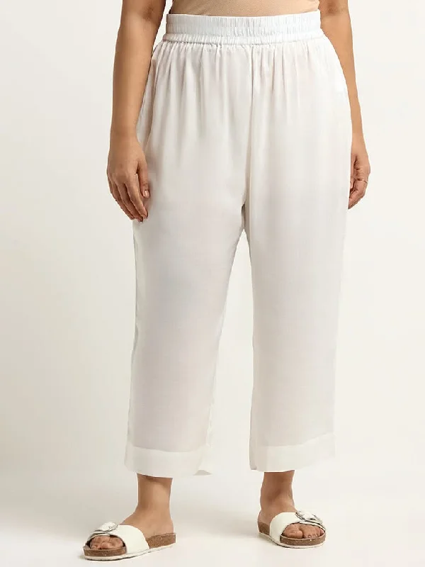 Diza Solid White Wide-Leg Pants Elegant High-Waist Pants