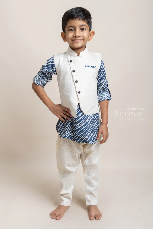 Fashionable Navy Blue Stripes Printed Kurta And Pant With Beige Over Coat For Boys Cozy Lounge Pants