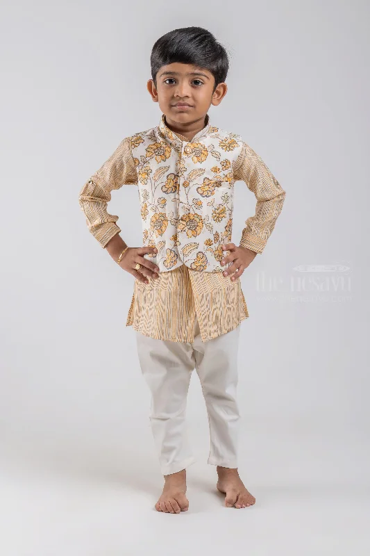All Over Stripes Printed Cream Kurta with White Pant and Floral Printed Overcoat For Boys Comfy High-Waist Jeans