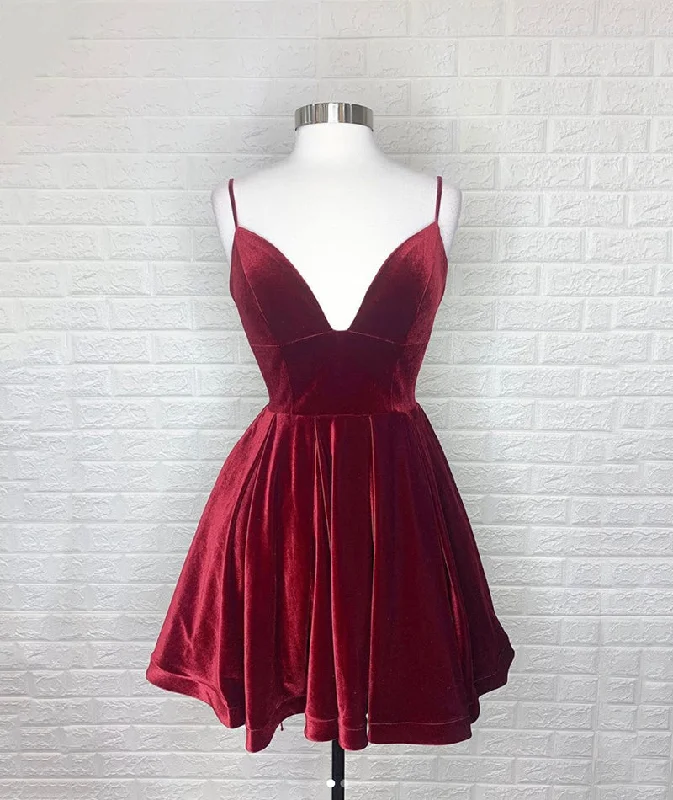 Burgundy velvet short prom dress party dress  8388 Boatneck Modish Everyday