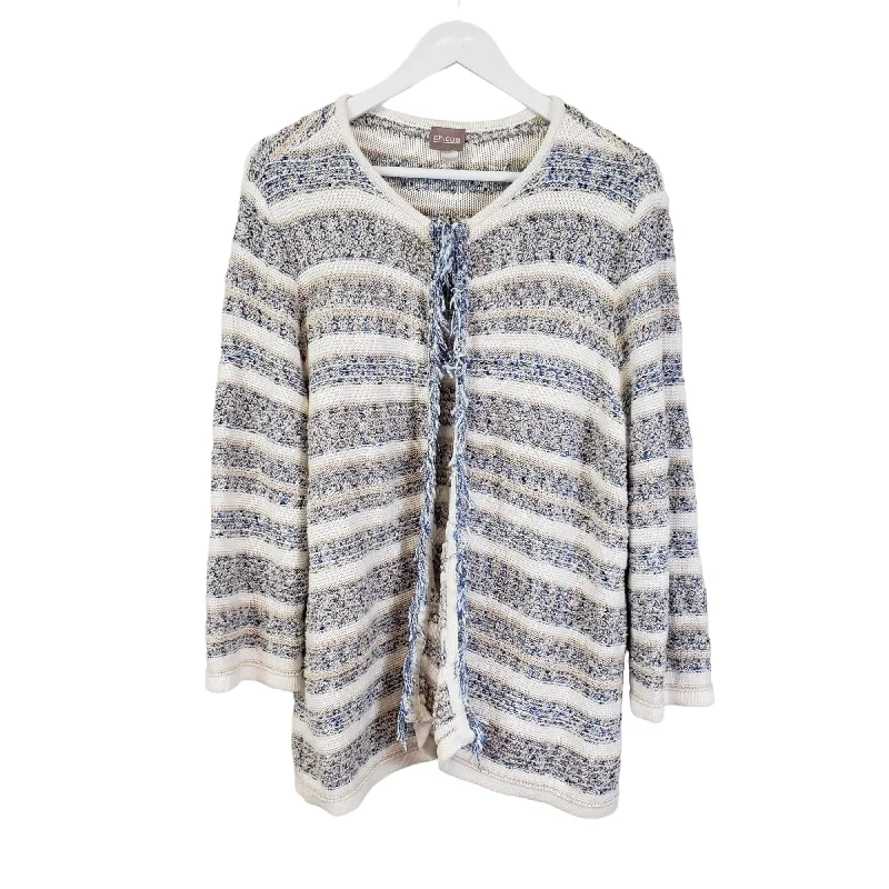 Chico's Knit 3/4 Sleeve Tweed Knit Cardigan Sweater with Fringe Trim Size Medium Mesh Blend Leather Blend Suede Blend Chico's Knit 3/4 Sleeve Tweed Knit Cardigan Sweater with Fringe Trim Size Medium Mesh Blend Leather Blend Suede Blend