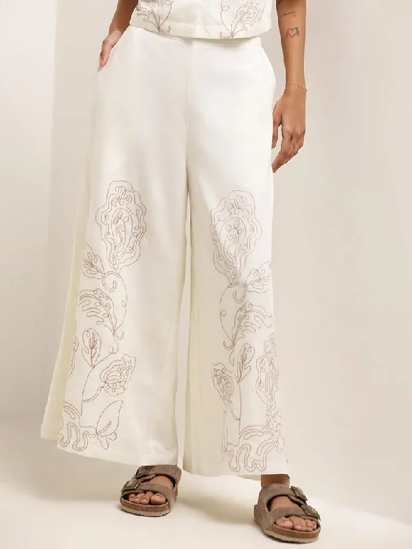 Bombay Paisley Off-White Wide-Leg Embroidered Cotton Pants Wide-Legged Palazzos