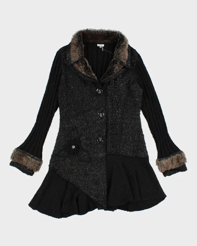 00s Faux Fur Collared Long Sequined Wool Blend Cardigan - L Polka Dot Checkered Tartan 00s Faux Fur Collared Long Sequined Wool Blend Cardigan - L Polka Dot Checkered Tartan