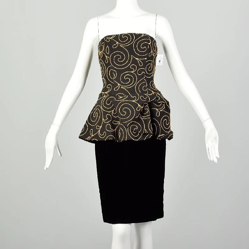 Small 1980s Nipon Black Strapless Party Dress Peplum with Gold Swirl sweetheart Neckline Romantic Small 1980s Nipon Black Strapless Party Dress Peplum with Gold Swirl sweetheart Neckline Romantic