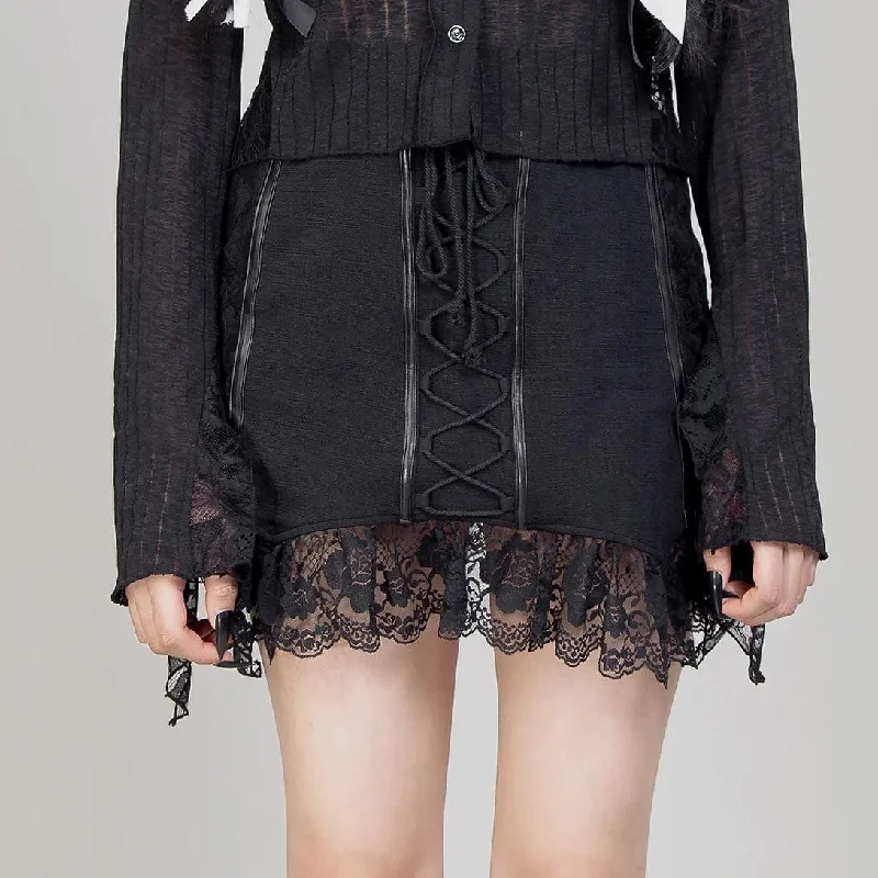 Women's Gothic Ruffled Lace Splice Lace-up Skirt silk skirt lustrous