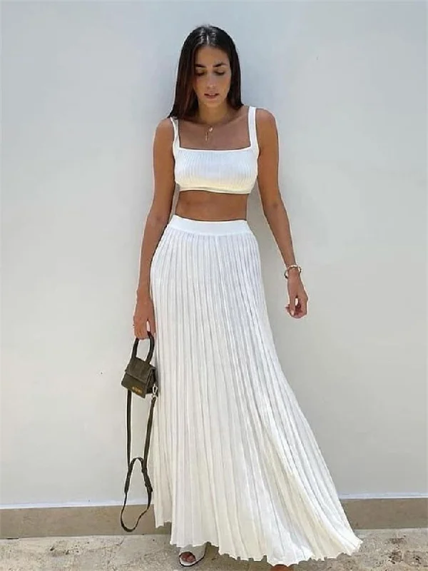 White Knit Two Piece Women Sets Fall Ribbed Tank Top And Pleated Knitted Skirt Suits For Women Long Dress Sets Summer navy tank top