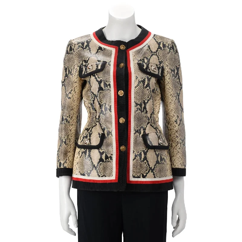 Gucci Beige Snake Effect Leather Web Trim Jacket IT 36 Stand-Up Collar Roll-Neck Collar Turtle Neck Gucci Beige Snake Effect Leather Web Trim Jacket IT 36 Stand-Up Collar Roll-Neck Collar Turtle Neck