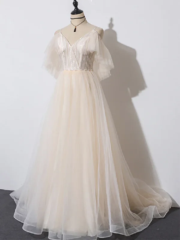 Beautiful Champagne Tulle Long A-Line Party Dress, Evening Gown gh474 Satin Halter Glamorous Beautiful Champagne Tulle Long A-Line Party Dress, Evening Gown gh474 Satin Halter Glamorous