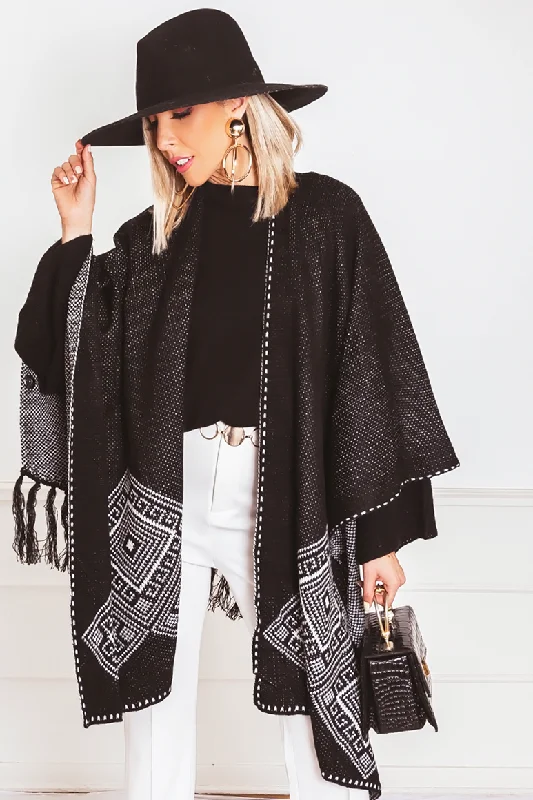 Poncho Cardigan Sweater with Fringe Welt Pockets Slit Pockets Flap Pockets