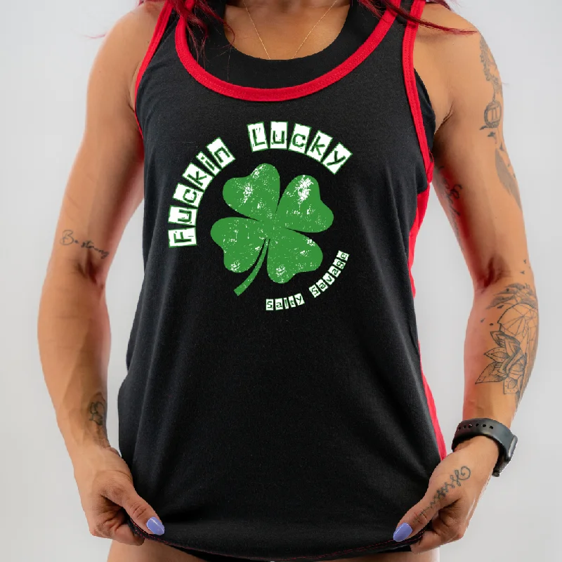 Salty Savage Ladies “Fuckin Lucky” Two Tone Racerback Tank lavender tank top