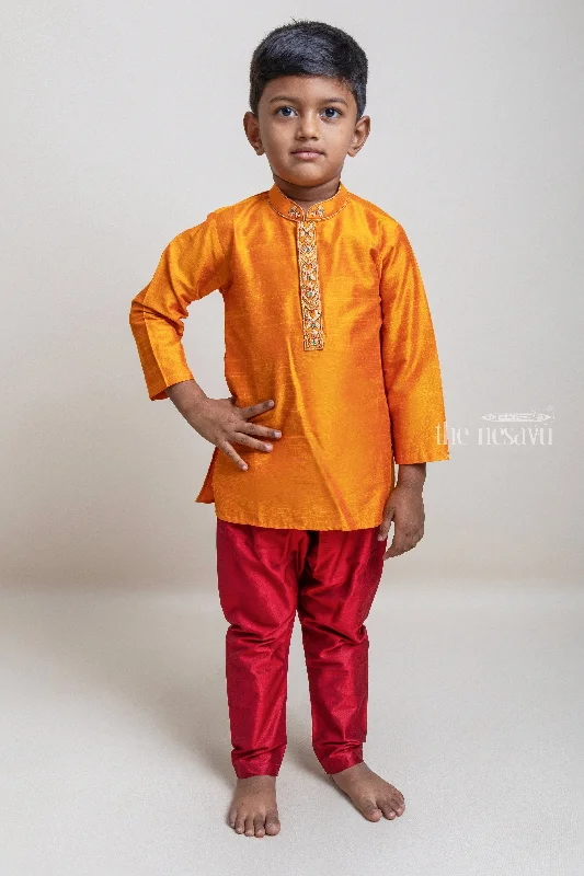 Eye-Catching Golden Yellow Kurta With Cherry Red Pant For Little Boys Classic Flared Pants