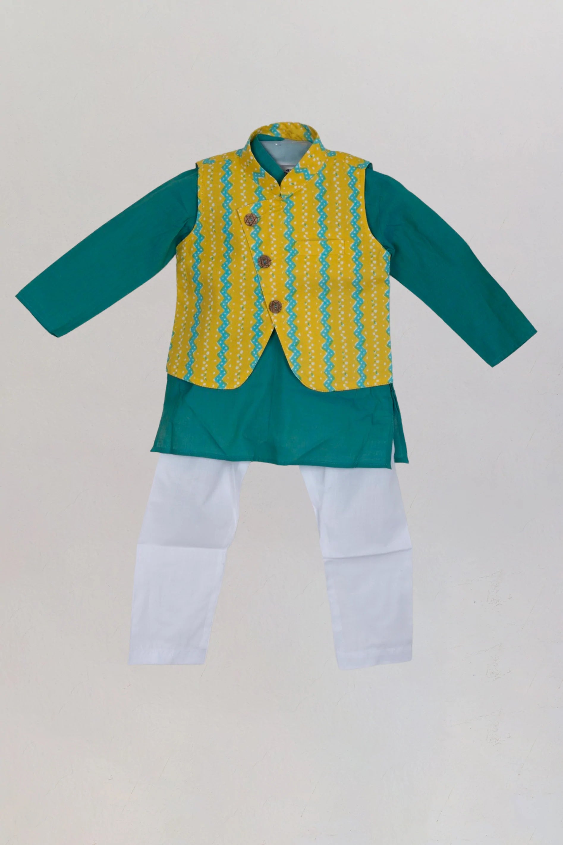Smart Looks With Green Kurta And Overcoat With White Pants For Little Boys Trendy Printed Pants