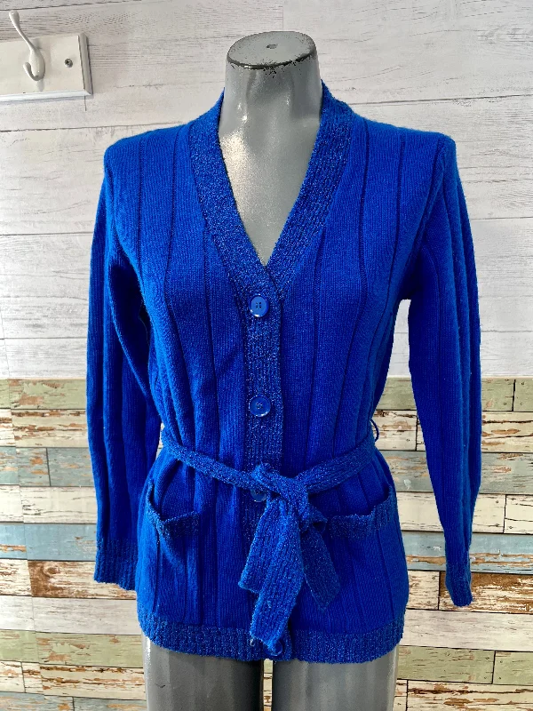 70s Royal Blue Belted Cardigan Fleece Cardigan Nylon Polyester
