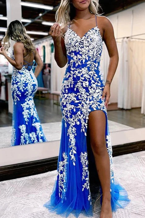 Gorgeous Mermaid Spaghetti Straps V-Neck Prom Dress with Slit Evening Party Dress Tunics Cozy comfortable