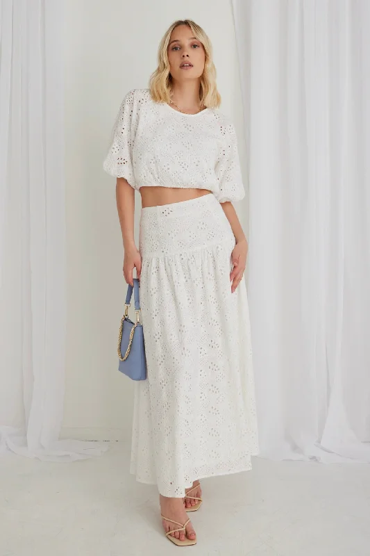 Aquarius White Broidery Anglaise Tiered Split Front Maxi Skirt cashmere skirt fine