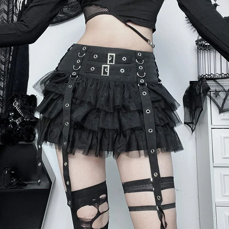 Women's Gothic Strap Splice Mesh Layered Skirt corduroy skirt durable