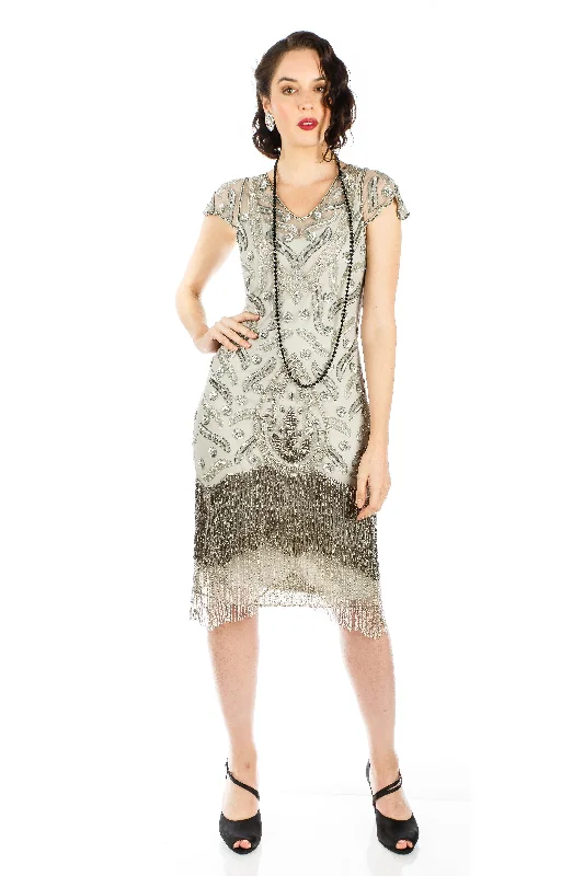 Art Deco Fringe Party Dress in Grey Silver Tunics Plaid country