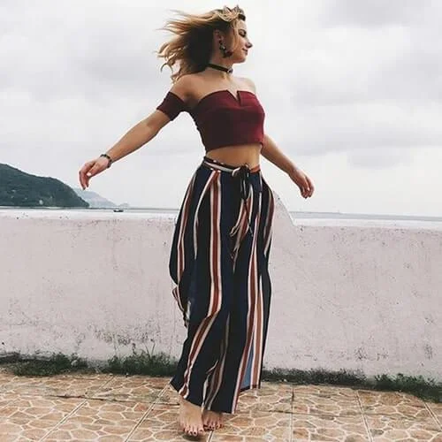 Women's striped sexy split wide-leg pants Modern Bootcut Pants
